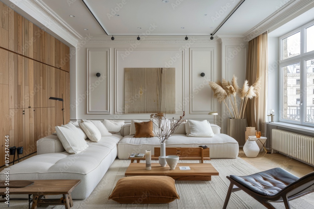 Luxury living room interior with white sofa, wooden coffee table, beige armchair and parquet. Luxury living room interior with white sofa, wooden coffee table, beige armchair and parquet.