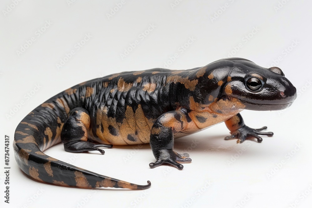 the beside view Chinese Giant Salamander, left side view, white copy space on right, isolated on white background the beside view Chinese Giant Salamander, left side view, white copy space on right, isolated on white background
