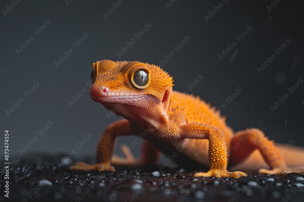 the beside view Ensatina, left side view, white copy space on right, isolated on black background