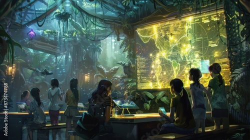 Futuristic Jungle Base with Children Studying a Map