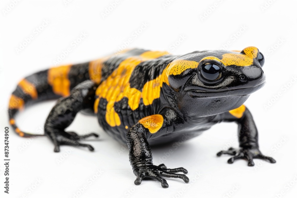 Fototapeta premium the beside view Fire Salamander, left side view, white copy space on right, isolated on white background
