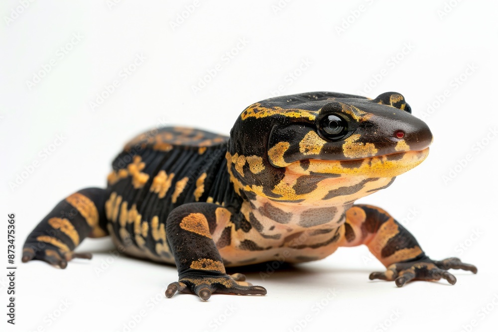 Obraz premium the beside view Tiger Salamander, left side view, white copy space on right, isolated on white background