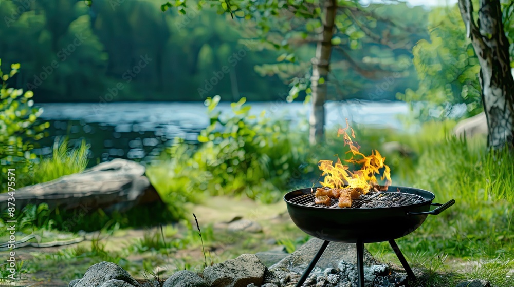 A grill sits on a rocky lakeshore with flames licking the food
