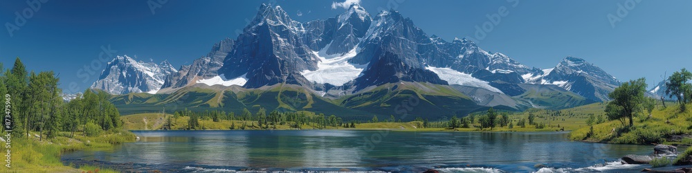 Fototapeta premium Scenic panoramic view of majestic mountain range reflecting in a pristine alpine lake surrounded by lush greenery and clear blue sky