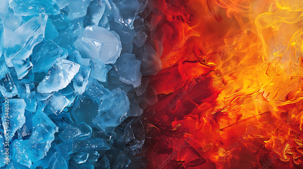 a striking contrast between ice and fire. On the left side, there are jagged blue ice formations, while the right side features a fiery red and orange background a striking contrast between ice and fire. On the left side, there are jagged blue ice formations, while the right side features a fiery red and orange background