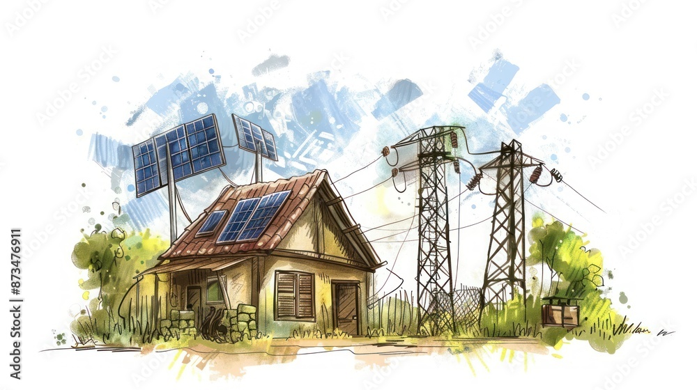Rural House with Solar Panels and Power Lines Rural House with Solar Panels and Power Lines