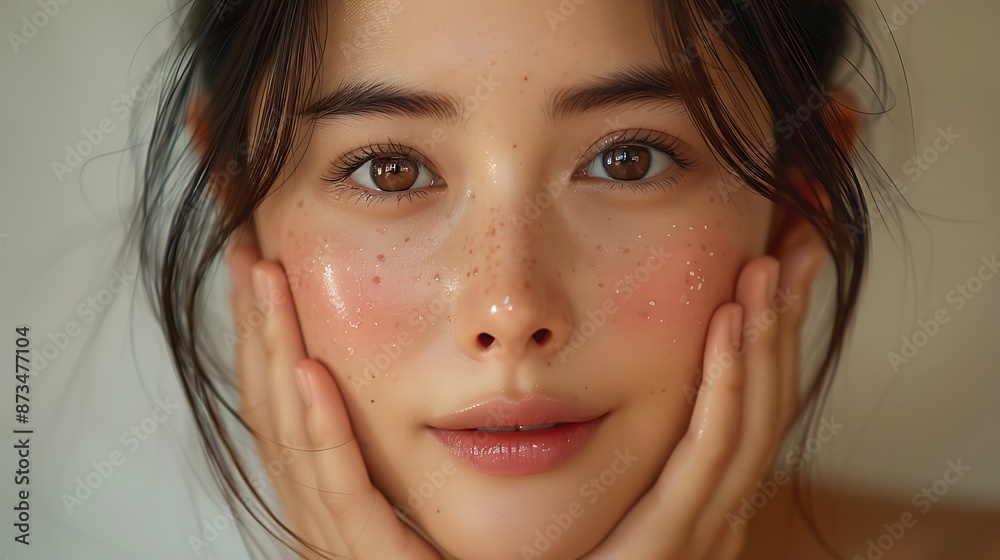Close-up portrait of young Asian beautiful woman with K-beauty make up style and healthy and perfect skin isolated on beige background for skincare commercial product advertising. Close-up portrait of young Asian beautiful woman with K-beauty make up style and healthy and perfect skin isolated on beige background for skincare commercial product advertising.