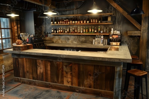 Interior of a pub with a bar counter and wooden walls. © Iigo