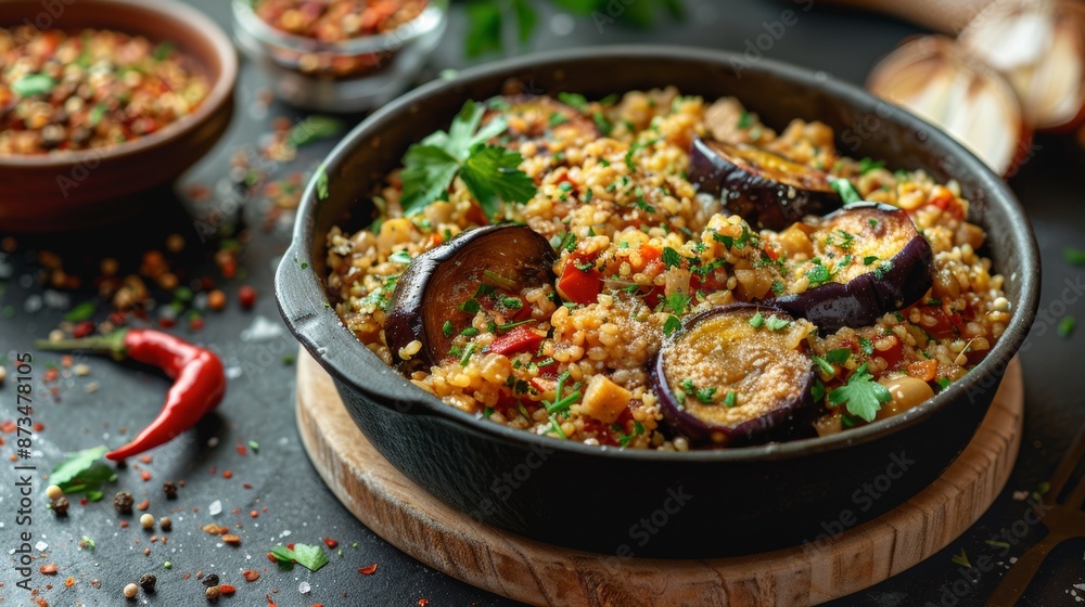 The national cuisine of Turkey. Bulgur pilaf with eggplant. The national cuisine of Turkey. Bulgur pilaf with eggplant.