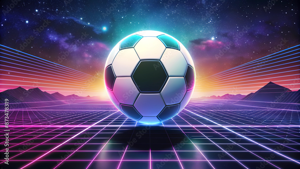 Naklejka premium Soccer ball, euro 2024, champions league banner template on 80's futuristic purple background