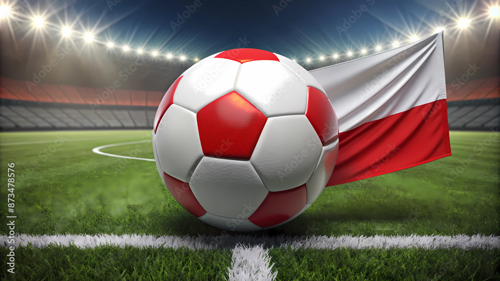 Naklejka premium Soccer ball, Euro 2024, with the Polish flag on the background of the field