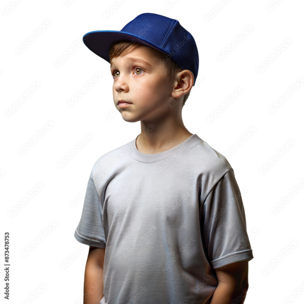 Young Boy Wearing Grey T-Shirt and Blue Baseball Cap Looking Away