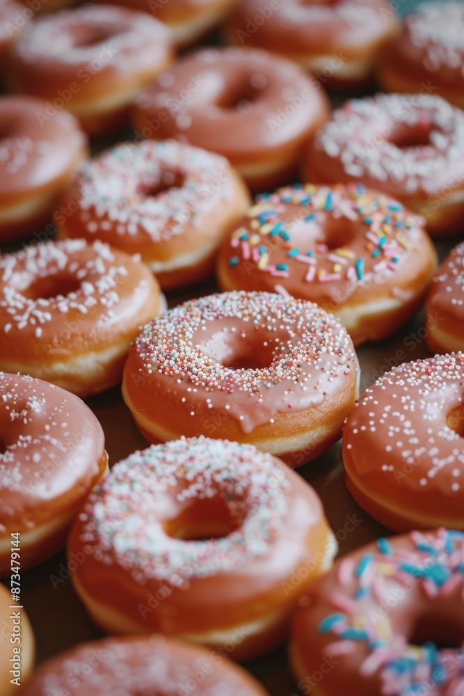 A row of donuts with sprinkles on top. The donuts are all different colors and sizes A row of donuts with sprinkles on top. The donuts are all different colors and sizes