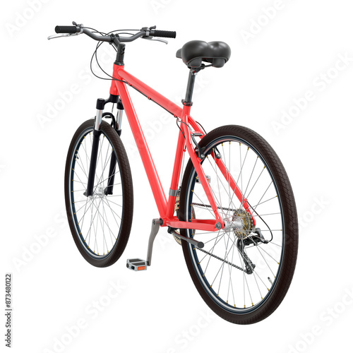 Red bicycle, side back view. Black leather saddle and handles. Png clipart isolated on transparent background