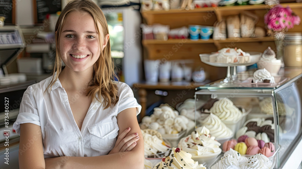 Portrait of a Young and Happy Saleswoman at the Counter in Ice Cream Shop or Cafe: Cheerful Employee, Small Business Owner, Retail Concept, Friendly Service, Local Dessert Shop, Entrepreneurial Spirit Portrait of a Young and Happy Saleswoman at the Counter in Ice Cream Shop or Cafe: Cheerful Employee, Small Business Owner, Retail Concept, Friendly Service, Local Dessert Shop, Entrepreneurial Spirit