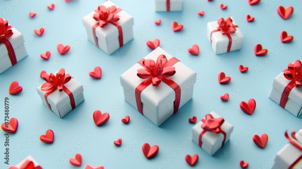 A blue background with a bunch of white boxes with red bows on top of it. The boxes are arranged in a pattern and surrounded by red hearts. Concept of love and celebration A blue background with a bunch of white boxes with red bows on top of it. The boxes are arranged in a pattern and surrounded by red hearts. Concept of love and celebration