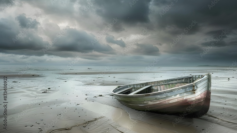 Wooden boat on a dry river, approaching storm, warming, weather Wooden boat on a dry river, approaching storm, warming, weather