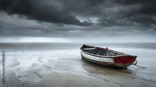 Wooden boat on a dry river, approaching storm, warming, weather