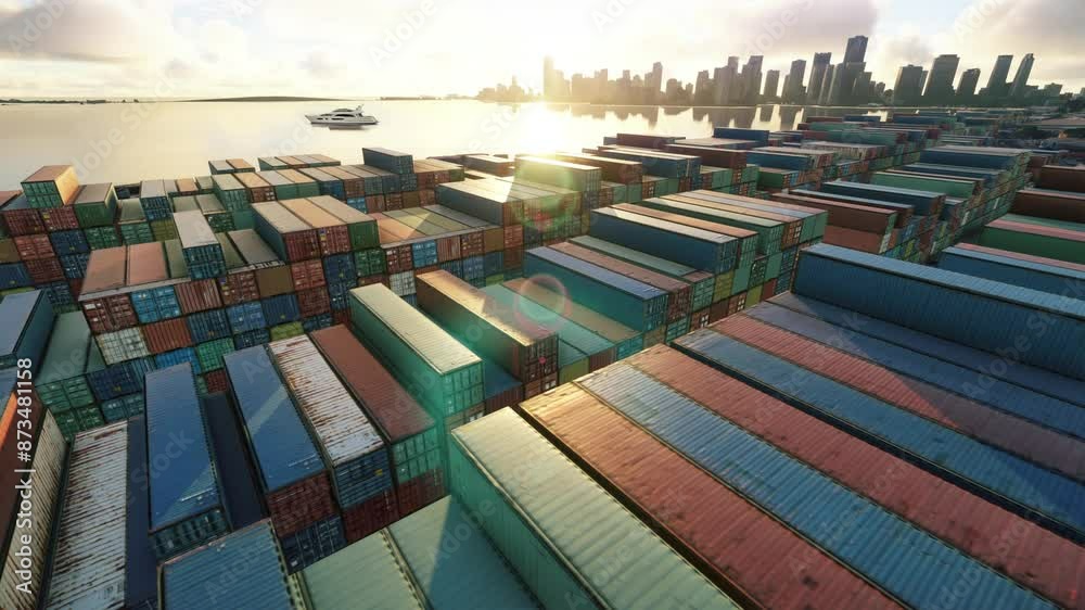 Drone view of Miami port showing containers, the ocean and the city's skyline at sunset. Booming economy of Florida.