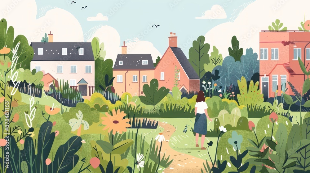 A Girl Walking through a Lush Garden in a Picturesque Town