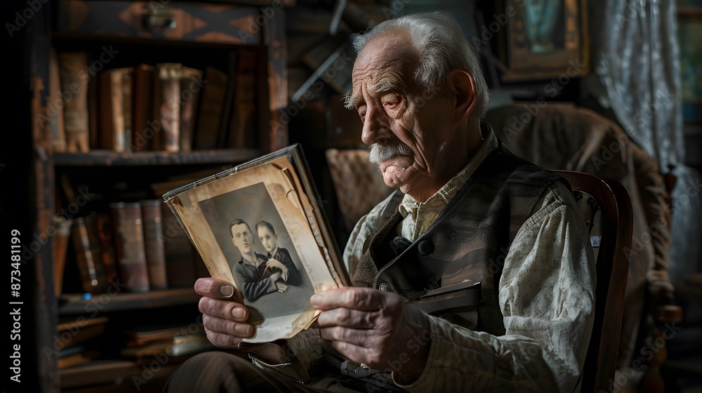 Old man with a photograph in his hand Old man with a photograph in his hand