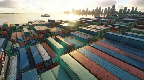 Drone view of Miami port showing containers, the ocean and the city's skyline at sunset. Booming economy of Florida.