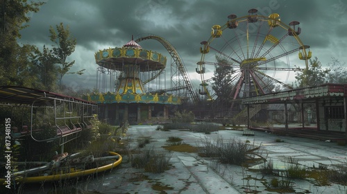 Old amusement park, rundown amusement park, roller coaster 