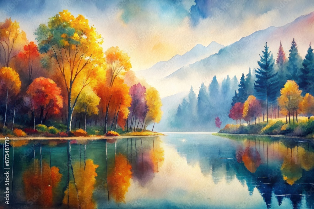 Naklejka premium Golden autumn reflections on a misty morning lake