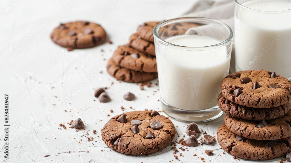 A glass of dairy milk with homemade cookies against a white background.
A glass of dairy milk with homemade cookies against a white background.
