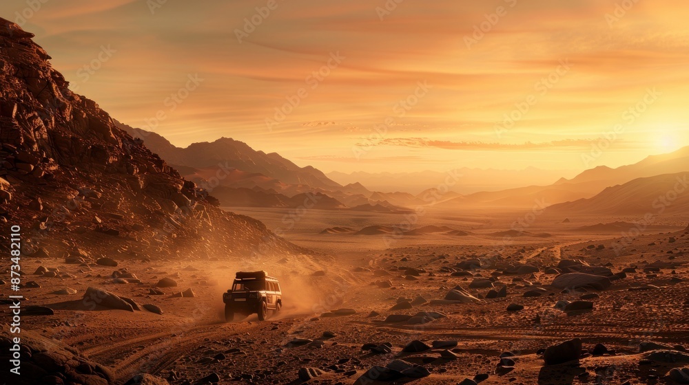 Naklejka premium Depiction of extreme adventures or a science expedition in a stone desert.