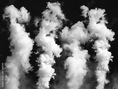 A series of white clouds in the sky, with some of them appearing to be smoke. The smoke is coming from a fire, and the clouds are rising from it. The scene has a sense of chaos and destruction