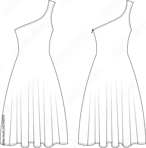 one shoulder sleeveless shoulder straps strappy strapped fit and flared midi maxi long a line dress template technical drawing flat sketch cad mockup fashion woman design style model
