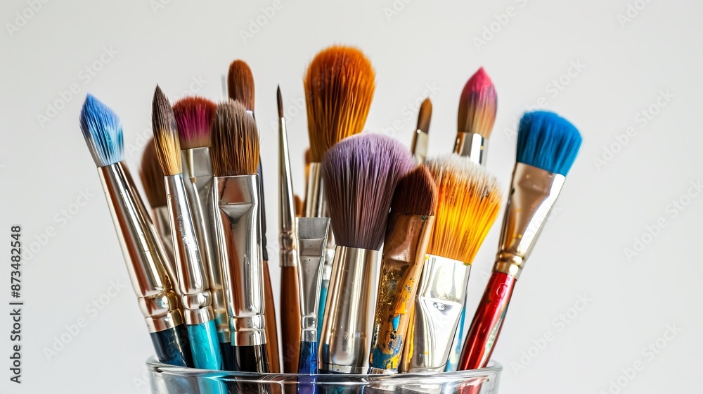 Fototapeta premium Painting brushes placed in a glass cup, isolated against a white background.