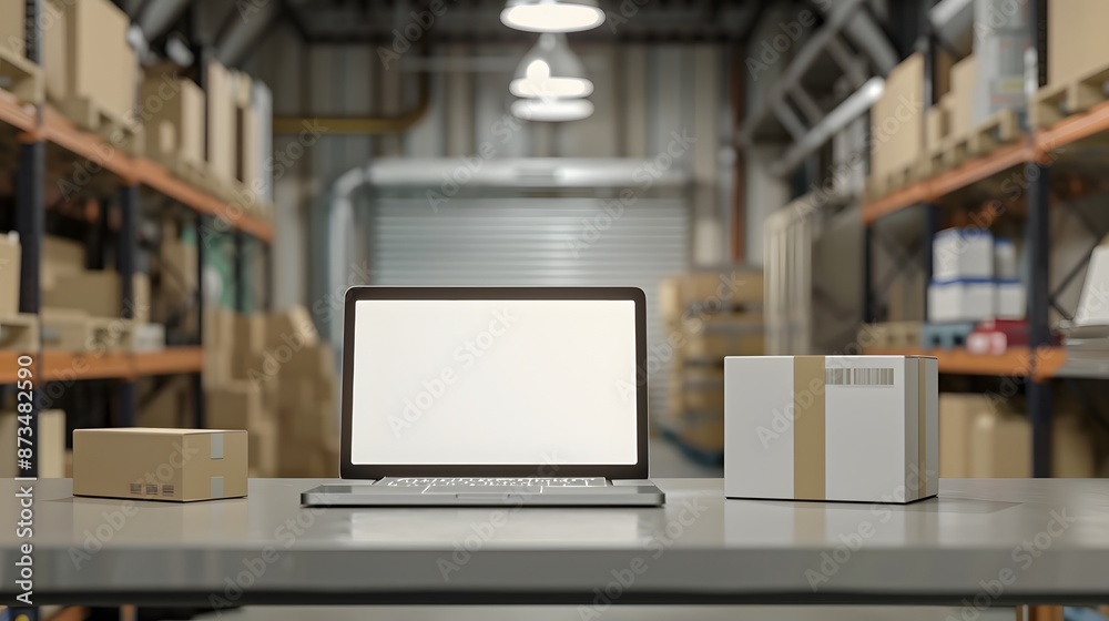 Online ecommerce store mockup, dropshipping business website concept. Table with laptop computer mock up blank white screen and shipping boxes, retail marketplace, warehouse delivery background. Online ecommerce store mockup, dropshipping business website concept. Table with laptop computer mock up blank white screen and shipping boxes, retail marketplace, warehouse delivery background.