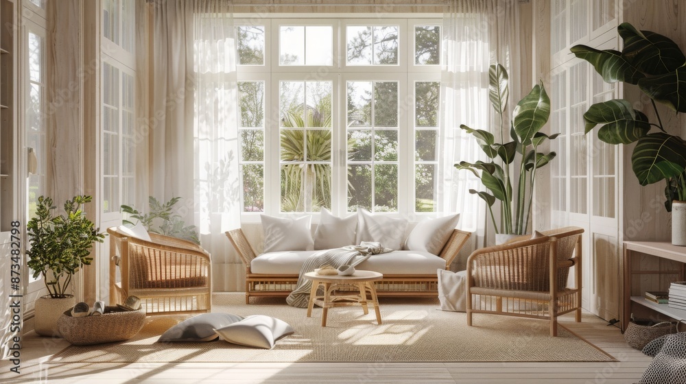 a bright sunroom with a wicker couch and two armchairs facing a window overlooking a garden a bright sunroom with a wicker couch and two armchairs facing a window overlooking a garden