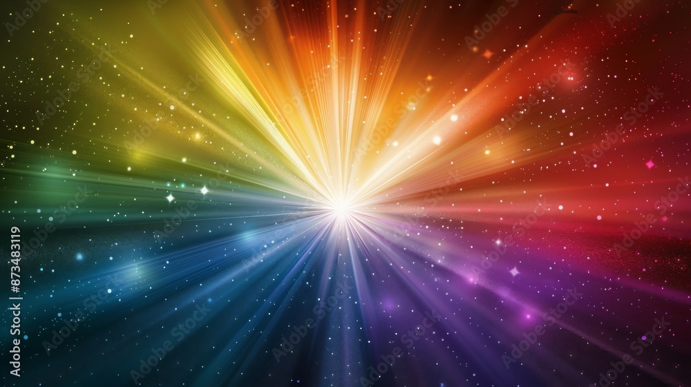 Fototapeta premium Rainbow sunburst background with glittering stars