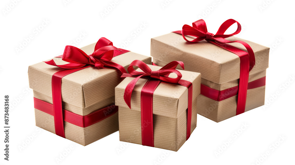 Three gift boxes with red ribbons and bows isolated on transparent background, PNG, cutout Three gift boxes with red ribbons and bows isolated on transparent background, PNG, cutout