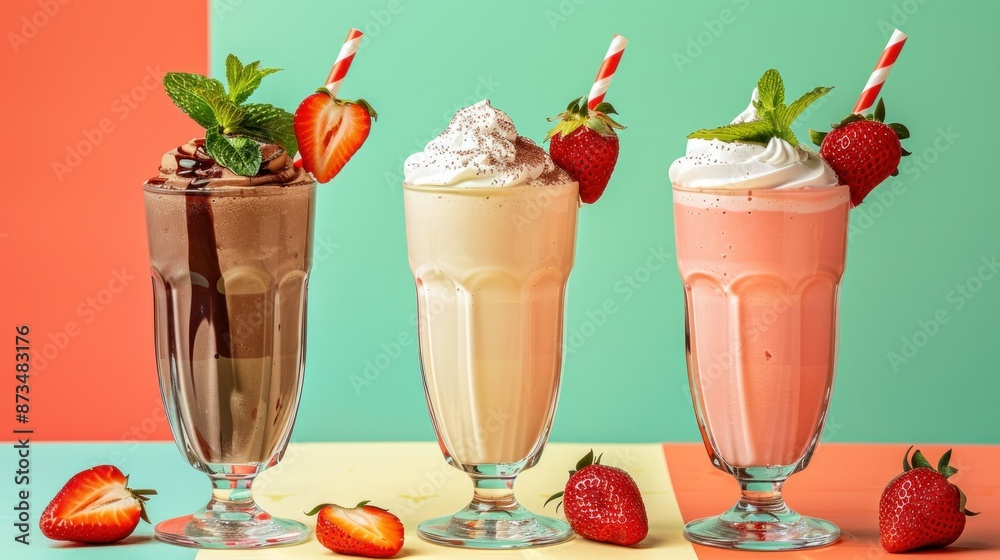 Three colorful milkshake cocktails in glasses: chocolate, strawberry, and vanilla, garnished with fresh strawberries.

