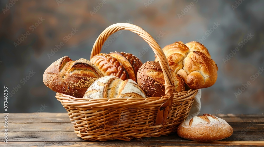 A wicker basket filled with various fresh bread types, placed on a wooden table.
A wicker basket filled with various fresh bread types, placed on a wooden table.