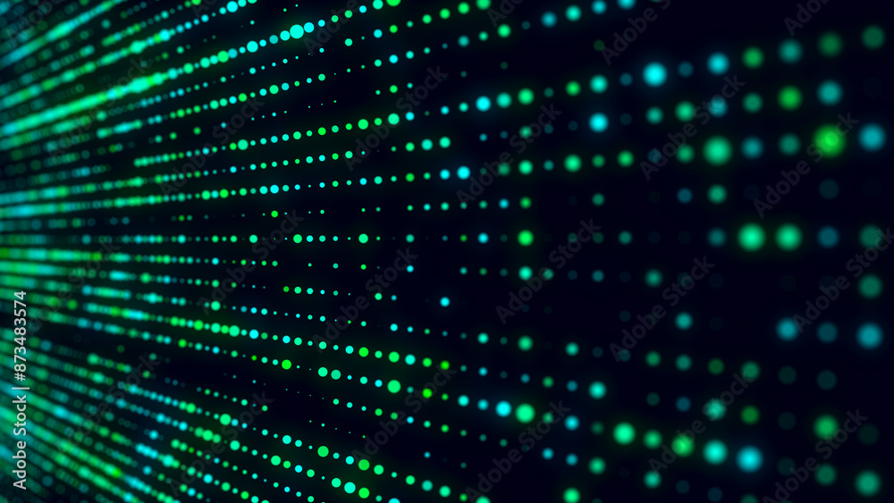 Abstract structure of green dots with light on a black background. Science backdrop with moving particles. Digital transfer of big data. 3d rendering. Abstract structure of green dots with light on a black background. Science backdrop with moving particles. Digital transfer of big data. 3d rendering.