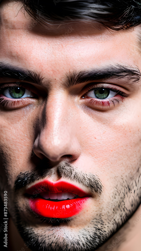 Obraz premium man with red lips, lipstick