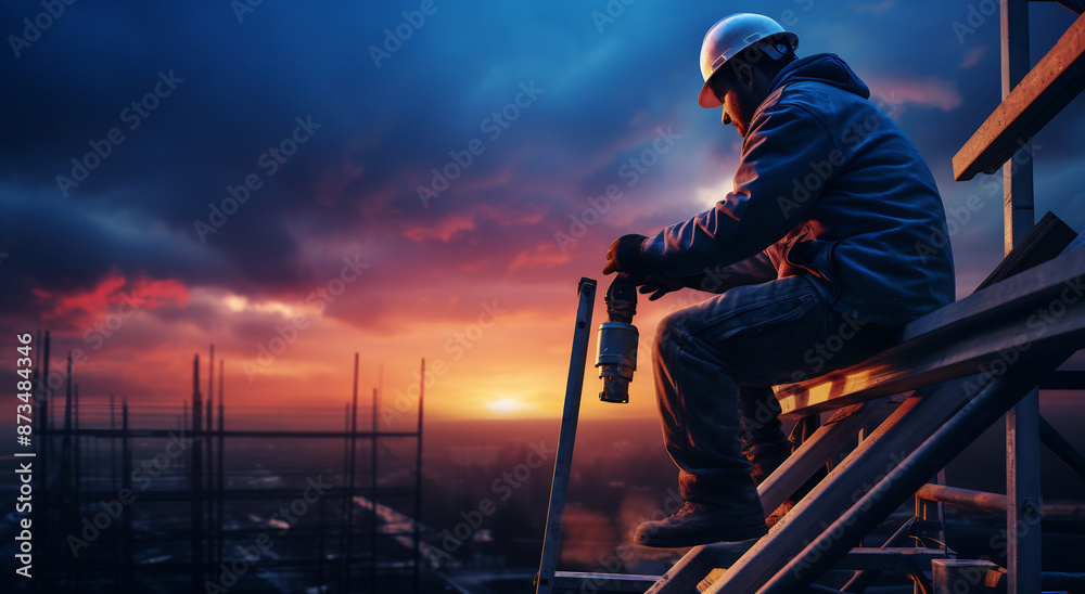 Construction Worker with Power Tool at Twilight