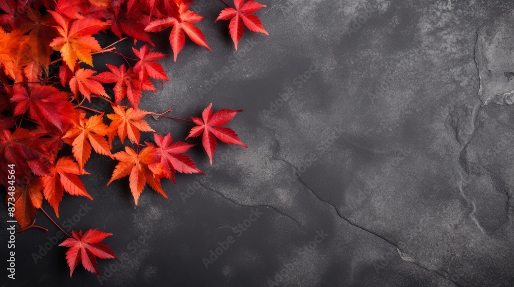 Autumn background with colored red leaves on slate background Autumn background with colored red leaves on slate background