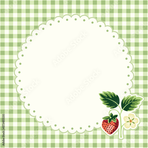 Cottage Core Garden Strawberry and Gingham Vector Frame. Vintage Invitation Design With Nostalgic Retro Design. Fresh Summer Fruit Background