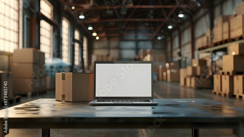 Online ecommerce store mockup, dropshipping business website concept. Table with laptop computer mock up blank white screen and shipping boxes, retail marketplace, warehouse delivery background. 