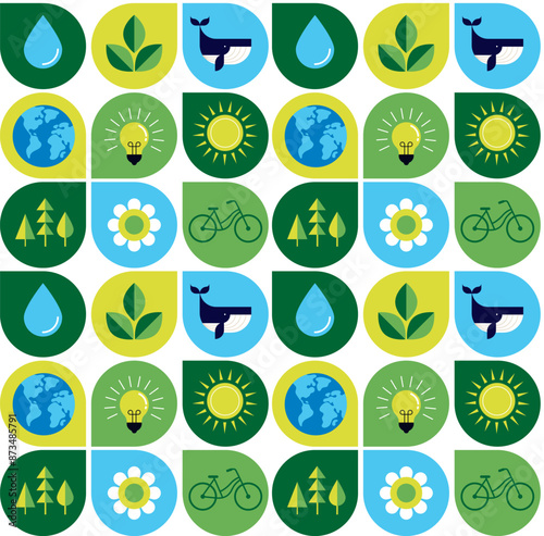 Environmental seamless pattern design. Happy Earth Day, geometric modern trendy illustrations of ecology, environmental conservation, planet Earth, green and zero waste concept design. Background