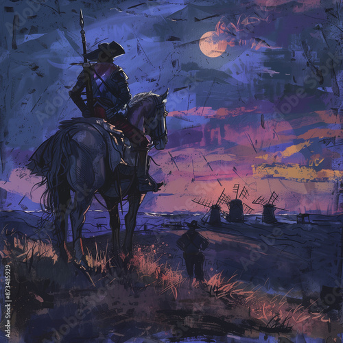 Don Quixote and Sancho Panza gaze at distant windmills, mistaking them for giants. This iconic scene from Cervantes' novel epitomizes the blend of fantasy and reality.