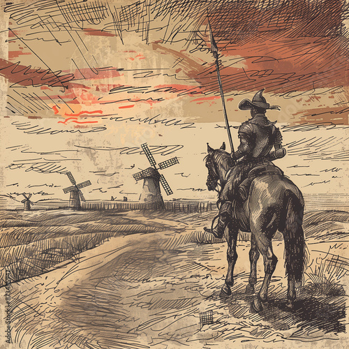 Don Quixote and Sancho Panza gaze at distant windmills, mistaking them for giants. This iconic scene from Cervantes' novel epitomizes the blend of fantasy and reality. photo