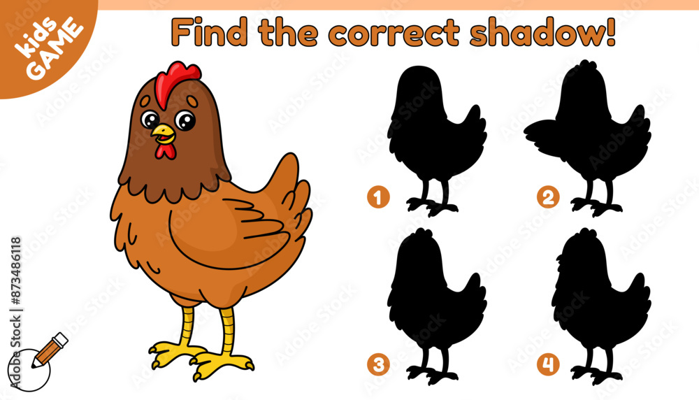 Educational kids farm game. Find the correct shadow. Cartoon chicken ...