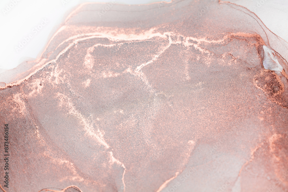 Fototapeta premium A close-up of an abstract painting, featuring swirls and veins of rose gold ink on a white background